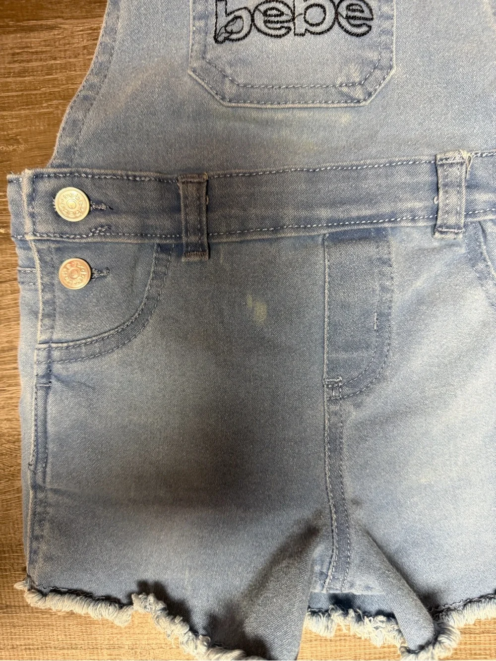 bebe Light Blue Denim Short Overalls with Logo Straps
